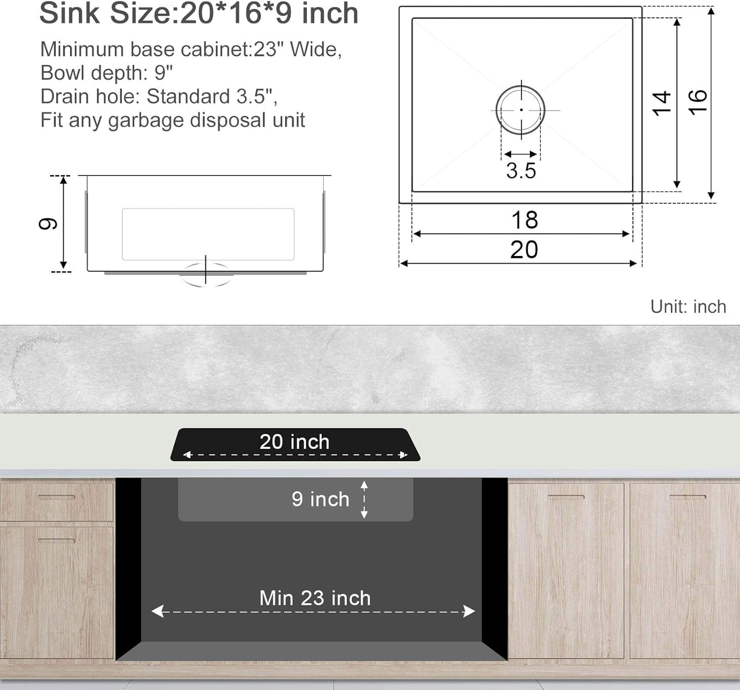 MENATT 20-inch Undermount Kitchen Sink, SUS304 Stainless Steel Handmade Single Bowl Kitchen Sink with Sink Strainer (Brushed), 20"x16"x9"