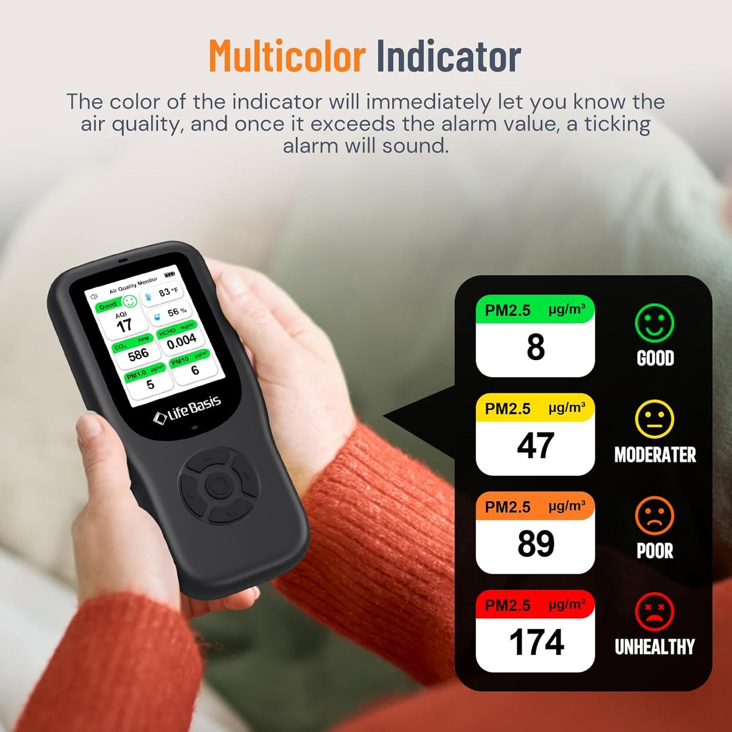 LifeBasis Air Quality Monitor Indoor, 10-in-1 Air Quality Detector with Stand, Real-Time Air Meter Test AQI, PM1.0, PM2.5, PM10, CO2, TVOC, HCHO, Particles, Temperature and Humidity with Alert -Black