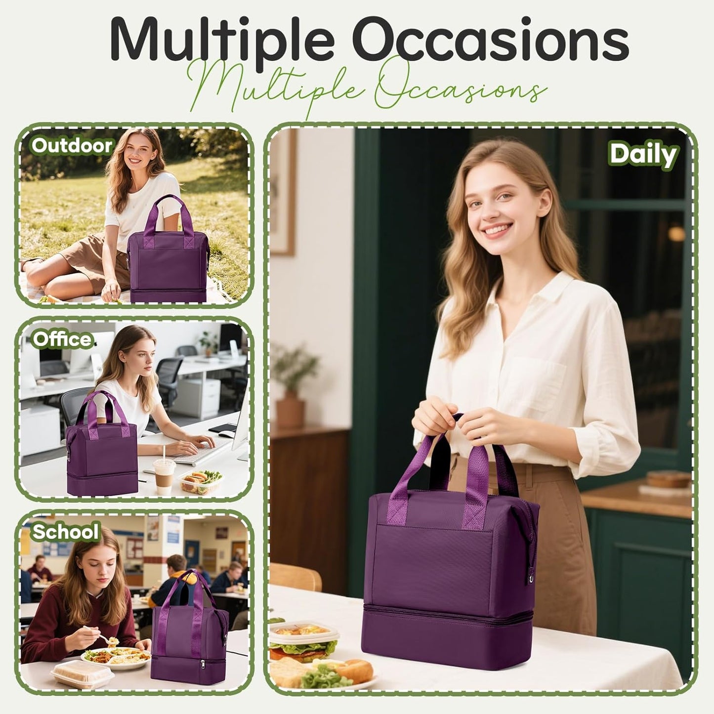 Lunch Bag Insulated Lunch Box Leakproof Lunch Tote Bags for Women Men,Portable Thermal Cooler Bag Lunch Containers with Shoulder Strap for Work, Family, Picnic, School, Outdoor,BBQ C2-Pinkpurple