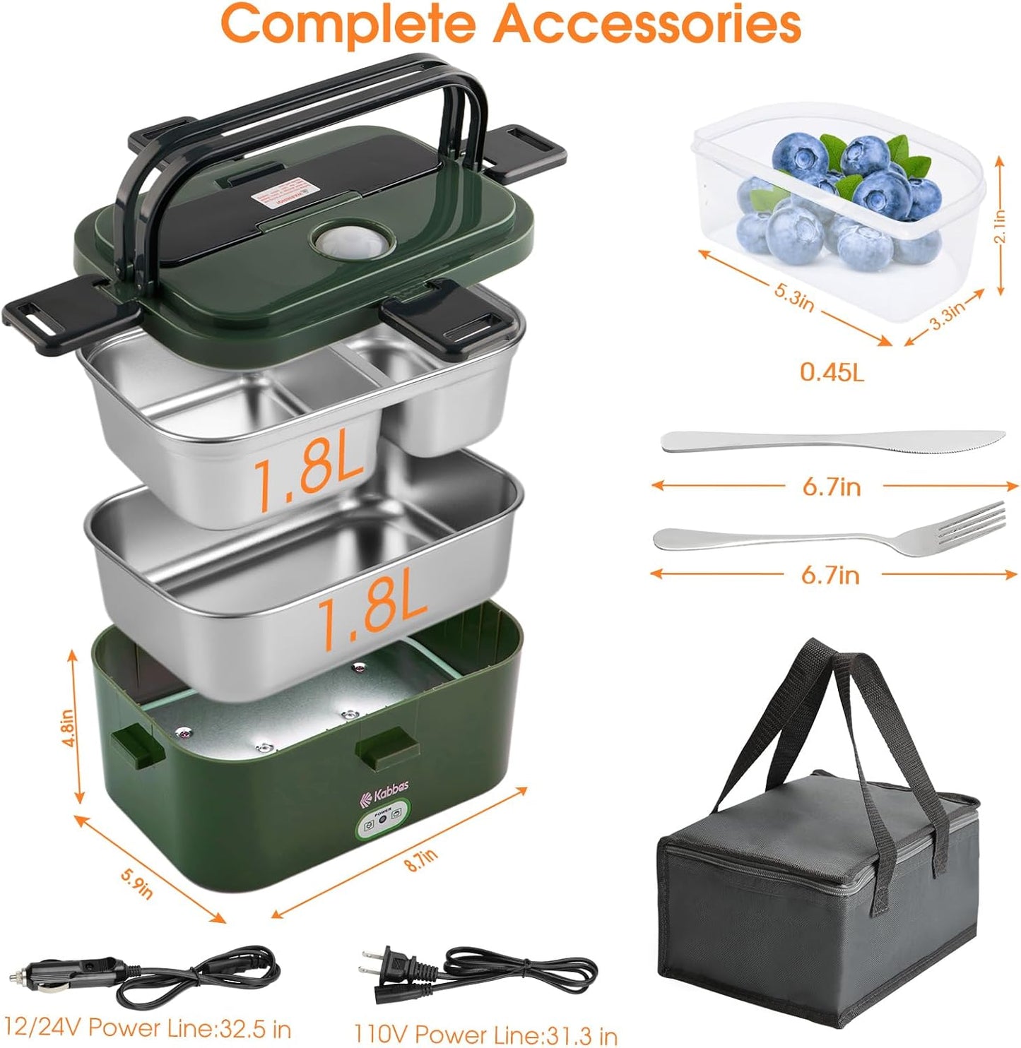 Kabbas 1.8L Portable Electric Lunch Box for Adults, 100W Heated Lunch Box for Men with Removable Dual Container, Fast Heating Food Warmer, 12V/24V/110V for Car Truck Office lonchera eléctrica portátil