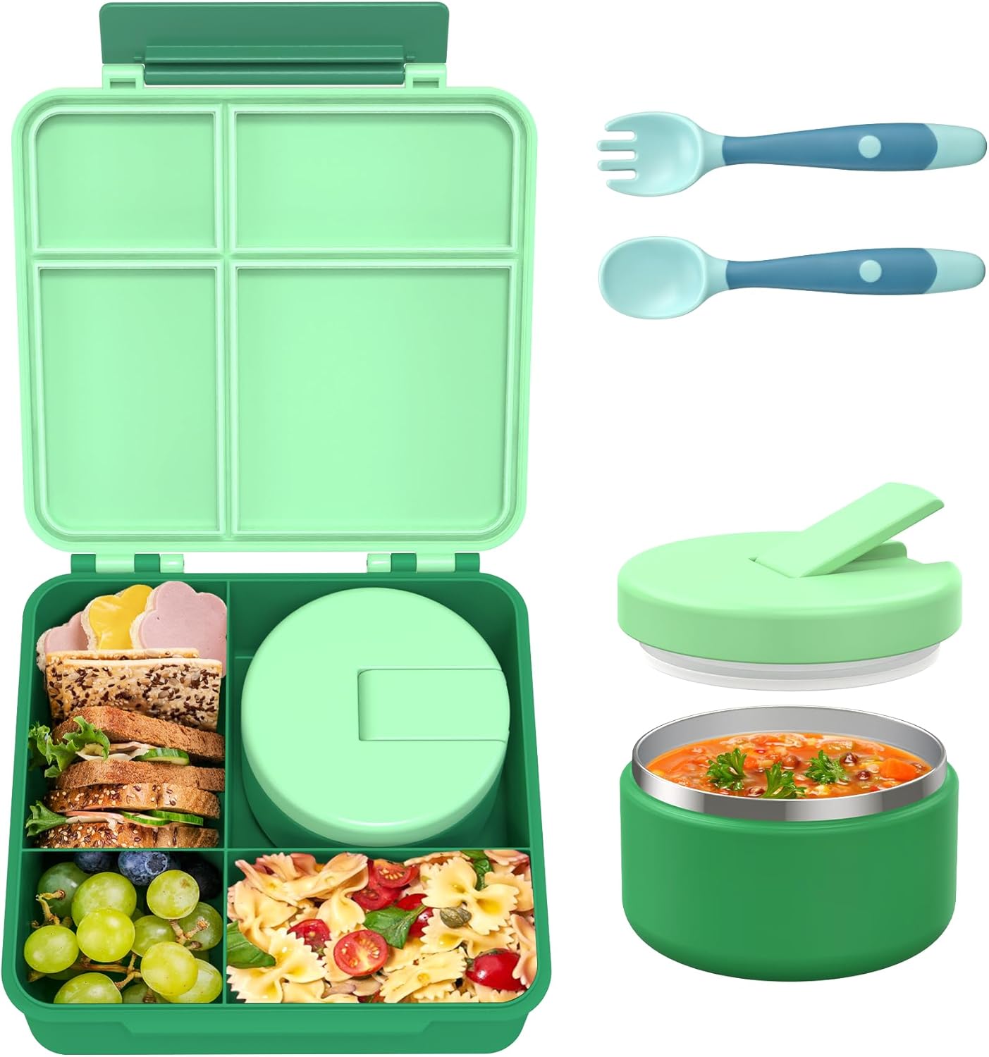 Bento Lunch Box for Kid with 7oz Soup Jar, Leak-Proof Lunch Box with Cutlery, 4-Compartments Lunch Container for School Outdoors Office