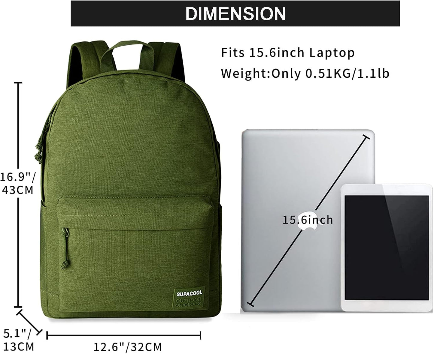 SUPACOOL Casual Laptop Backpack with USB Charging Port for Men and Women, School Bookbag for College, Lightweight Pack Back(Dark Black)
