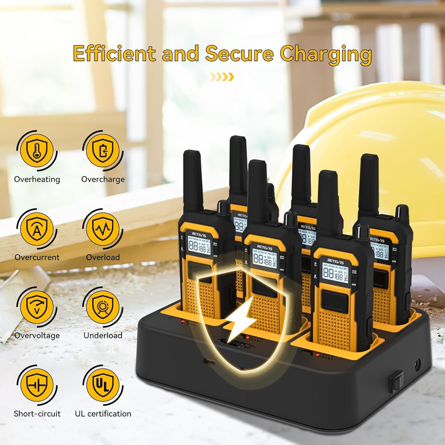 Retevis RB48 Walkie Talkies for Adults, Heavy Duty 2 Way Radios Long Range with Six-Way Charger, IP67 Waterproof, Shock Resistant, Dual PTT, 2000mAh Battery Two Way Radio,Jobsite Construction(6 Pack)