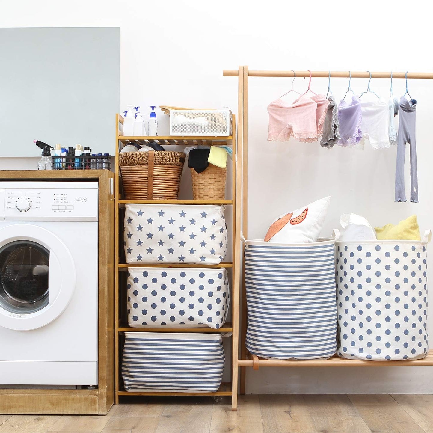 Sea Team 16.5 x 11.8 x 9.8 inches Square Canvas Fabric Storage Bins Shelves Storage Baskets Organizers for Nursery & Kid's Room, Grey Stripe