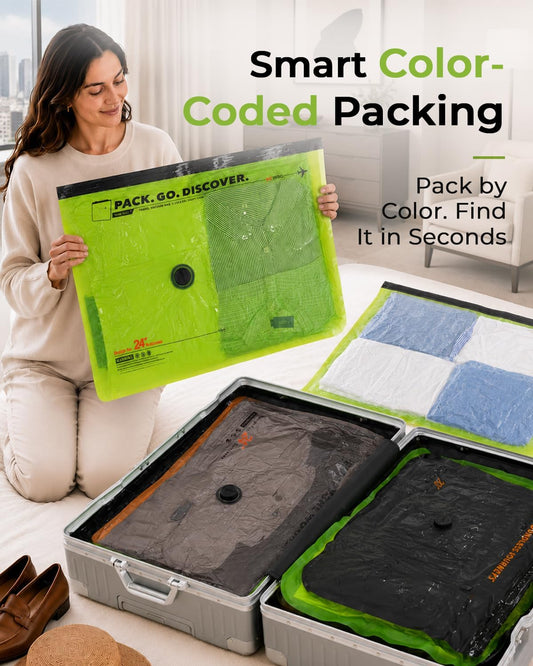 Vacbird Color-Coded Vacuum Bags for Travel with Electric Pump 15 Pack Carry-On Size Vacuum Sealer Bags, Compression Space Saver for Clothes Storage, Suitcase & Luggage Packing Travel Essentials
