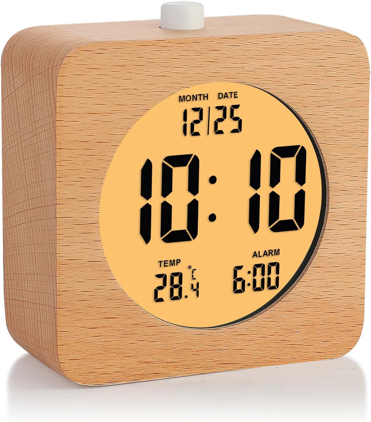 Plumeet Wooden Digital Alarm Clock for Bedrooms, Wood 4'' Battery Powered Alarm Clock with Snooze and Nightlight, Electronic LCD Desk Clock Display Time, Date, Temp, 12/24H, Wood Décor (Sapele, 3.2'')