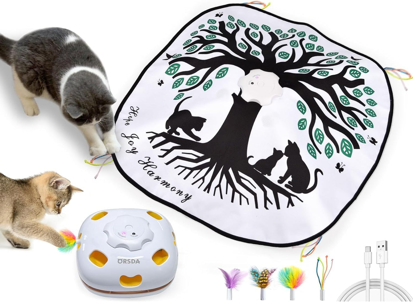 ORSDA Cat Toys Interactive, 4 in 1 Automatic Cat Toy, Hide and Seek, Whack a Mole, Magic Wand, Chasing Feather, with 4 Replacements, USB Rechargeable, for All Breed Sizes