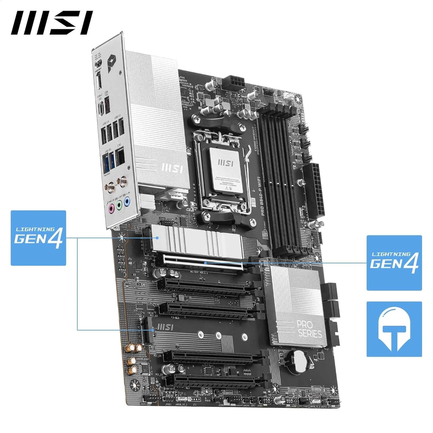 MSI PRO B840-P WiFi ProSeries Motherboard (AMD Ryzen 9000/8000/7000 Series Processors, AM5, DDR5, PCIe 4.0, M.2, SATA 6Gb/s, USB 3.2 Gen 2, HDMI/DP, Wi-Fi 6E, Bluetooth 5.3, 2.5Gbps LAN, ATX)