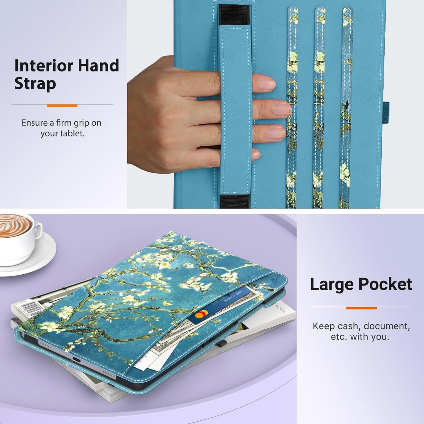 MoKo Case for Samsung Galaxy Tab A9 Plus 11" 2023 (SM-X210/SM-X216/SM-X218), PU Leather Multi-Angle Viewing Folding Stand Cover Case with Hand Strap, Front Pocket, Auto Wake/Sleep, Denim Blue & Brown