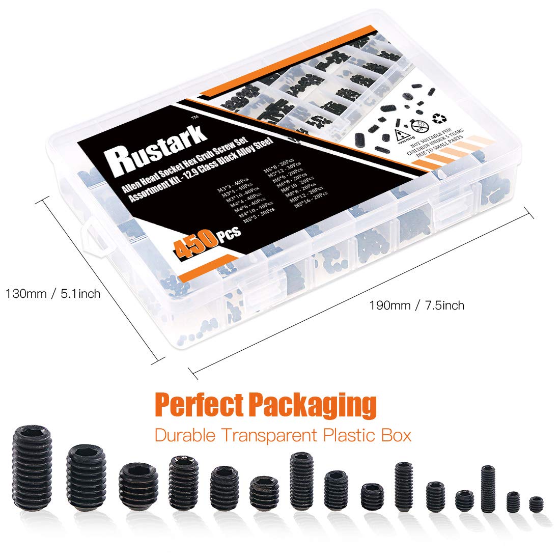Rustark 450Pcs M3/M4/M5/M6/M8 Allen Head Socket Hex Grub Screw Set Assortment Kit with Internal Hex Drive - 12.9 Class Black Alloy Steel