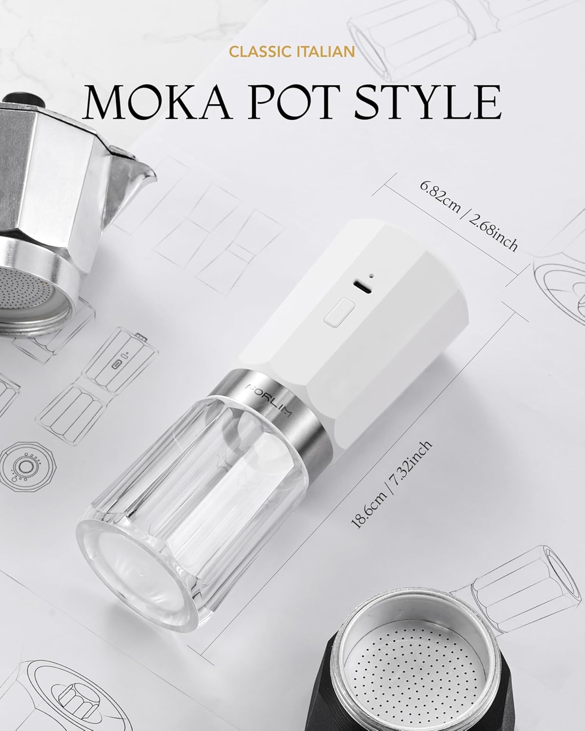 FORLIM 2-Speed Electric Salt and Pepper Grinder Set, 800mAh Rechargeable, Upgraded Auto-Reverse Clean After Stop, Pepper Shakes with White LED, Ceramic Grinding Core, Black & White