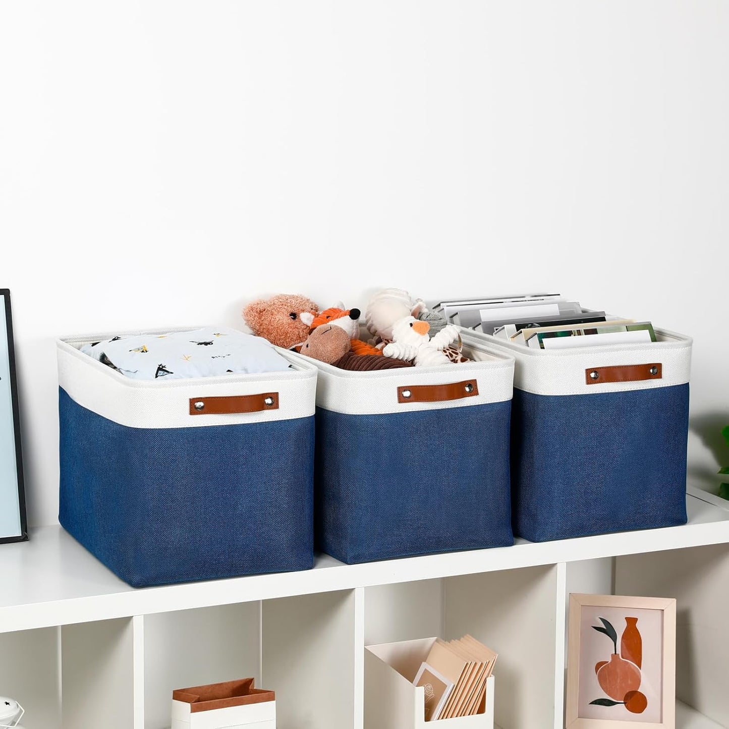 DULLEMELO Storage Baskets for Shelves, Fabric Collapsible Rectangular Storage Bins for Shelves, Closets, Nursery, Home, Office, Empty Gift Baskets (White&Teal)