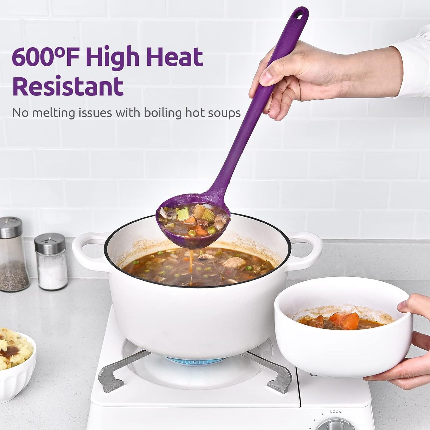 13 inch Silicone Soup Ladle: U-Taste 600ºF Heat Resistant 4 oz Large Non-Stick Seamless Rubber Kitchen Deep Serving Spoon with Non-Slip Solid Long Handle for Cooking Sauce/Stews/Gravies/Chili(Purple)