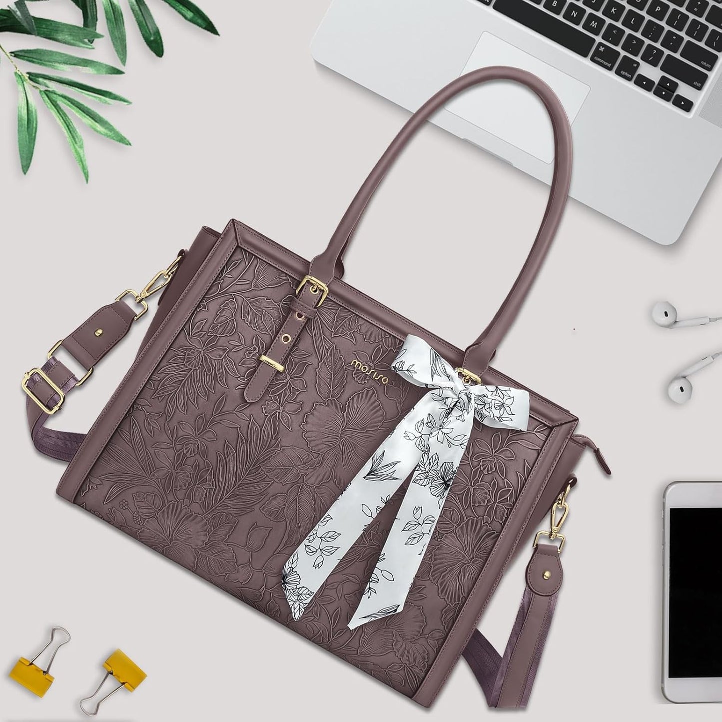 MOSISO Laptop Bag for Women, 17-17.3 inch PU Leathe Tote Bag Compatible with MacBook, HP, Dell, Asus Notebook, Front Embossed Retro Hibiscus Computer Bag with Silk Scarf&Clutch Purse, Gray - PuriLite