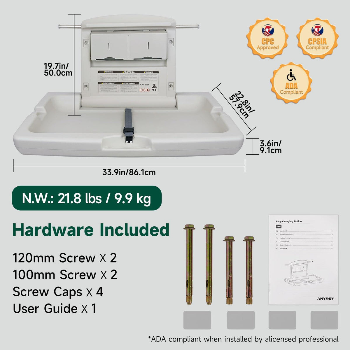 anydry Baby Changing Station Wall-Mounted, Foldable Diaper Changing Table Heavy-Duty Design with Safety Straps for Commercial Bathroom, in Elegant Grayish White