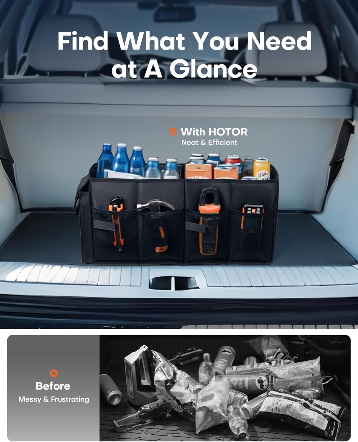 HOTOR Trunk Organizer - Car Organizer, Foldable Trunk organizer for SUVs & Sedans, Car Accessories, Tools, Sundries, 2 Compartments, Black