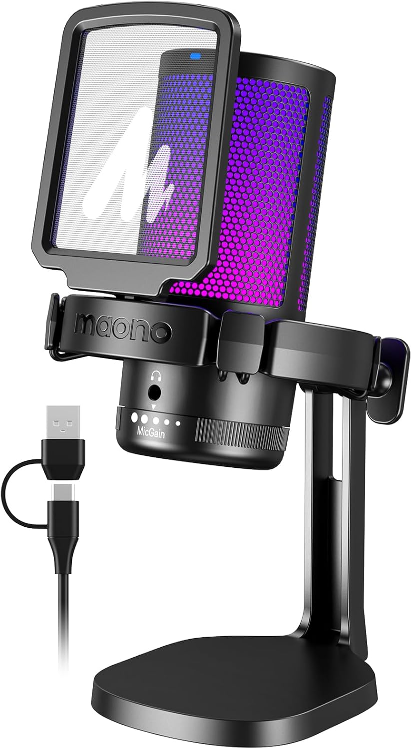 MAONO Gaming USB Microphone, Noise Cancellation Condenser mic with Mute, Gain, Monitoring, Boom Arm for Streaming, Podcast, Vocal, Twitch, YouTube, Discord, PC, Computer, PS4, PS5, Mac, DGM20S