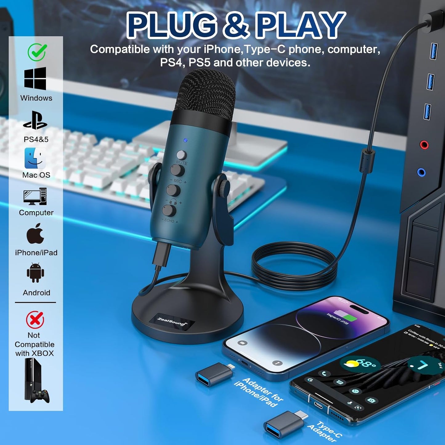 ZealSound USB Microphone,Condenser Phone Computer PC Mic kit,Plug&Play Gaming Microphones for PS 4&5.Mic Gain&Volume Control,Echo &Mute Button for Vocal,Record,Streaming,Discord YouTube Podcast on Mac