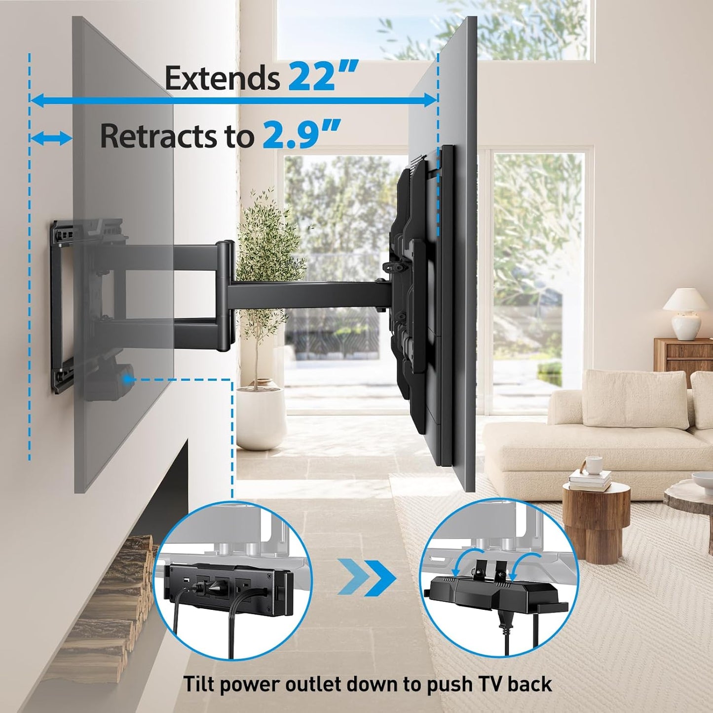 Pipishell Full Motion TV Wall Mount with Power Strip for 42–90 Inch TVs up to 150 lbs, Pre-Assembled TV Mount Has Smooth Swivel, Tilt, Extension, Max VESA 600x400mm, 12“/16”/24” Wood Studs, PILF19