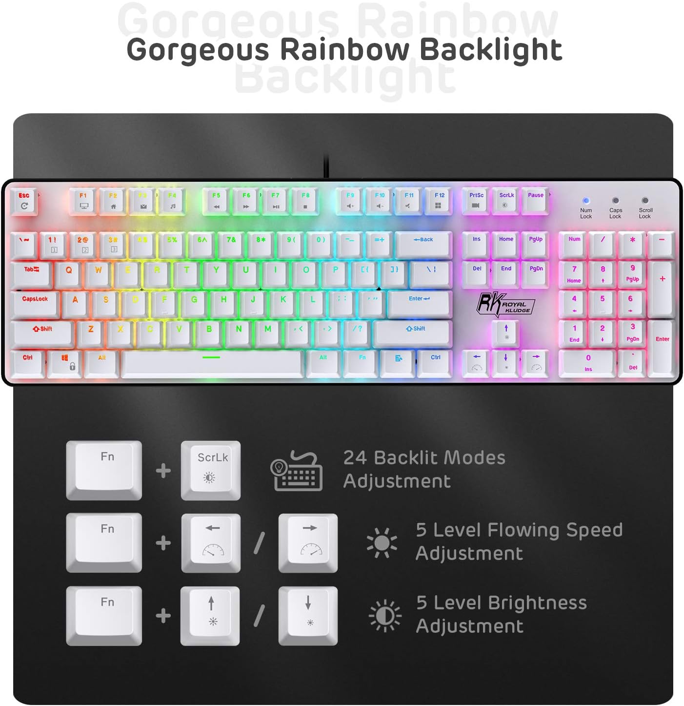 RK ROYAL KLUDGE RK920 Full Size Mechanical Keyboard, Rainbow Backlit Gaming Keyboard, 104 Keys Wired Mechanical Keyboard with Number Pad, Tactile Brown Switch