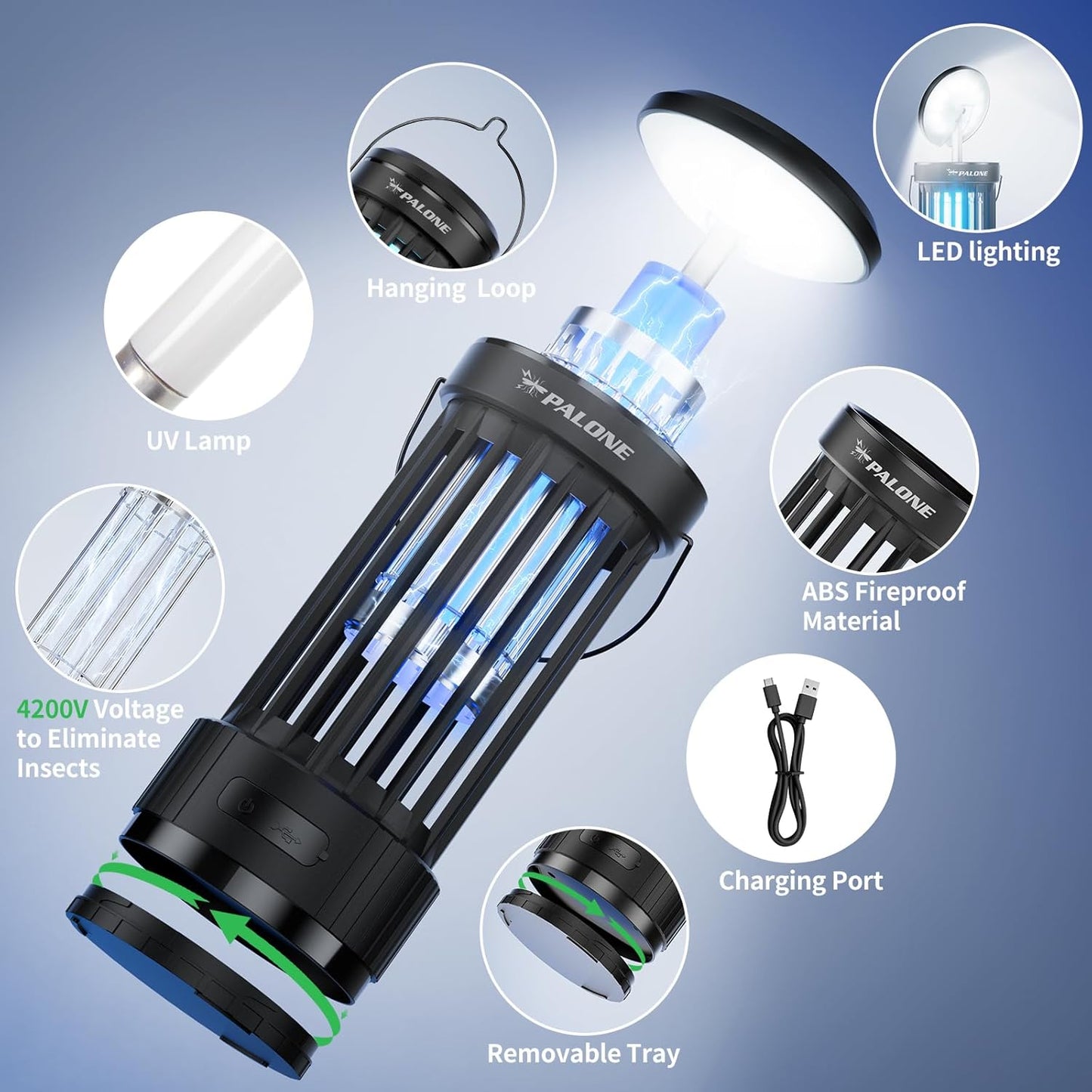 PALONE Bug Zapper, 4000mAh Electric Bug Zapper with LED Light, Retractable Fly Zapper with 3 Levels of Lighting Intensity Used for Indoor Outdoor