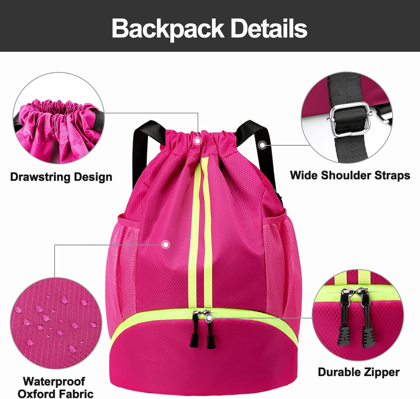 Hoedia Sports Drawstring Backpack - String Swim Gym Bag with Shoes Compartment and Wet Proof Pocket for Women/Men