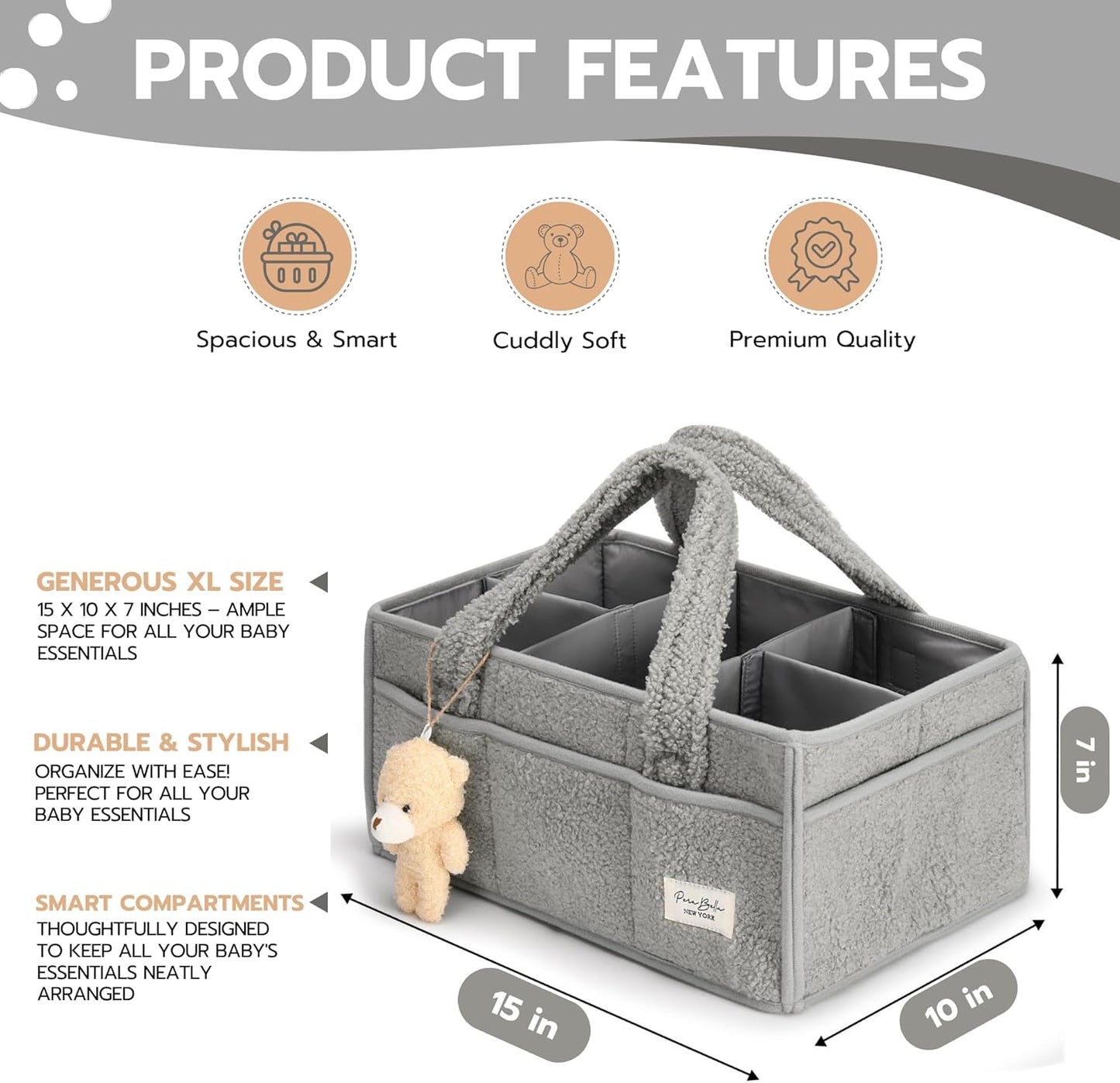 PeraBella Baby Diaper Caddy Organizer, Baby Organizers and Storage for Changing Table, Babies Shower Gift Basket for Boy &Girl, Nursery Essentials Car Caddy Organizer with Handle, White Diaper Basket
