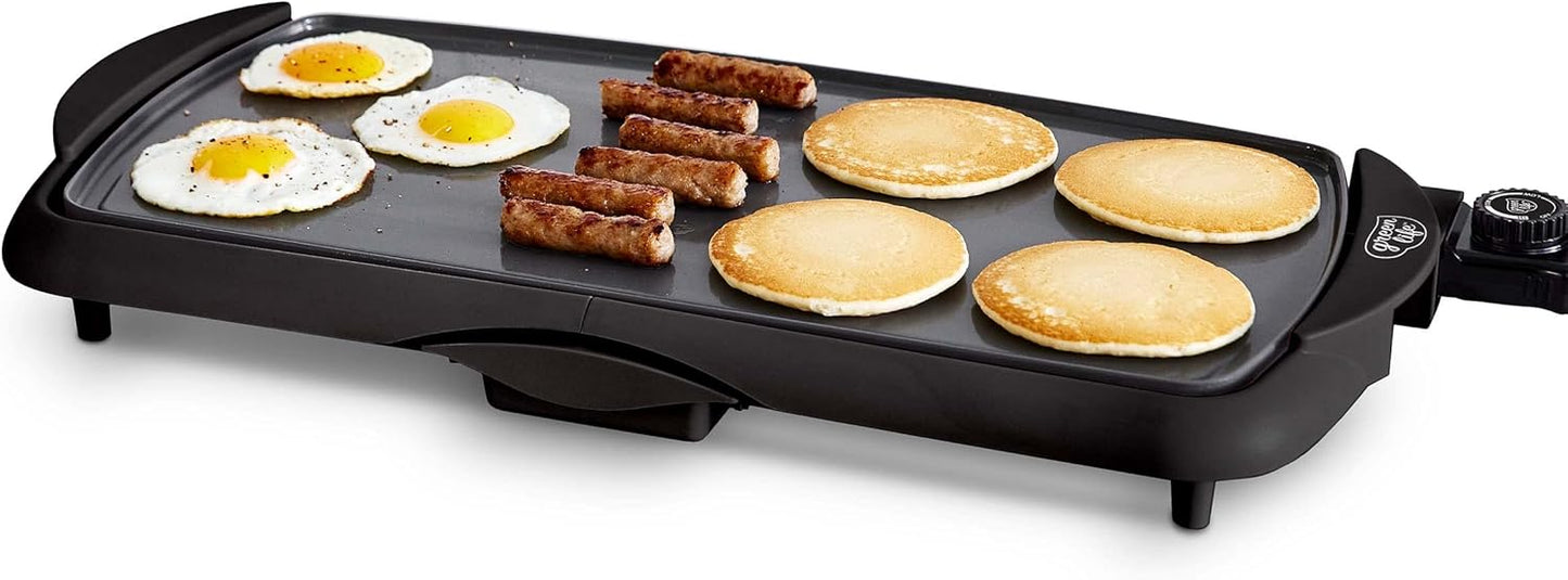 GreenLife Healthy Ceramic Nonstick, Extra Large 20" Electric Griddle for Pancakes Eggs Burgers and More, Stay Cool Handles, Removable Drip Tray, Adjustable Temperature Control, PFAS-Free, Soft Pink