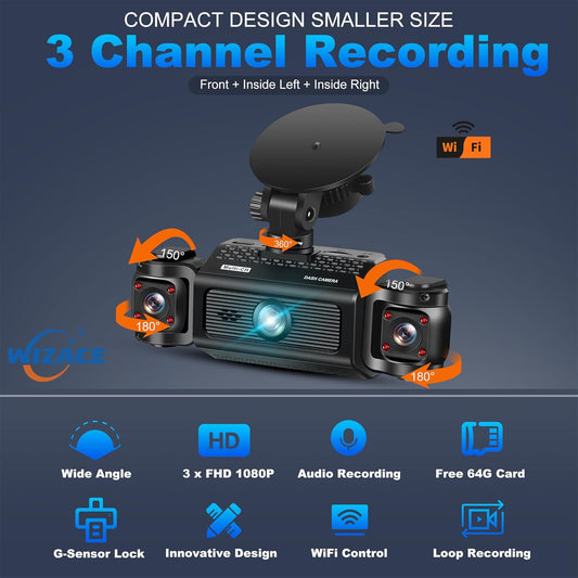 3 Channel Dash Cam WiFi FHD 2K Car Camera with 64GB Card, WIZACE 270° Front Dash Camera Front and Inside Left Right for Cars, Mini Dashcams with Night Vision,Loop Recording,WDR,G-Sensor, APP - PuriLite