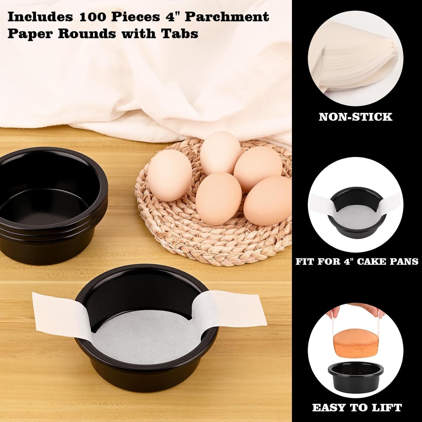 Purilite Select 3-Pack 8-Inch High Carbon Steel Cake Pans with 100 Parchment Papers