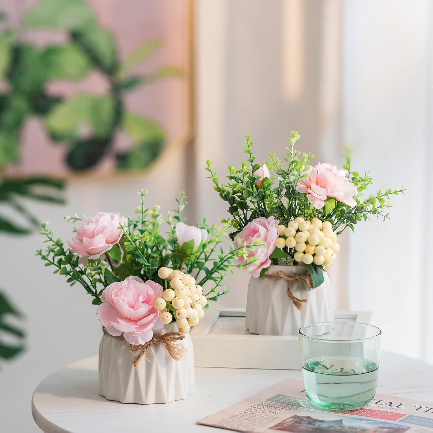 BLOSMON White Fake Flowers with Vase: Small Coffee Table Decor Bathroom Hydrangea Faux Flowers in Vase Office Desk Shelf Home Living Room Bedroom Vanity nightstand Decorations Floral Arrangement