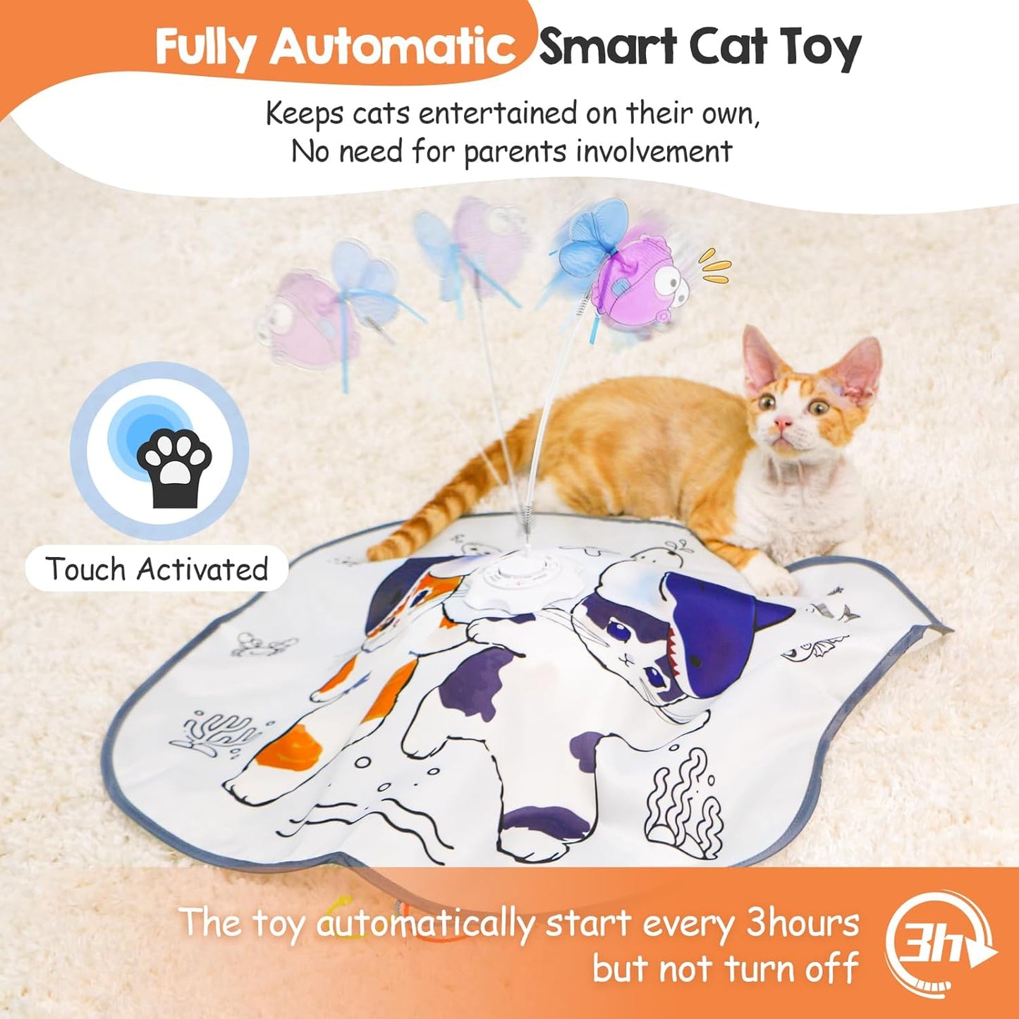 ORSDA Cat Toys Interactive, 4 in 1 Automatic Cat Toy, Hide and Seek, Whack a Mole, Magic Wand, Chasing Feather, with 4 Replacements, USB Rechargeable, for All Breed Sizes