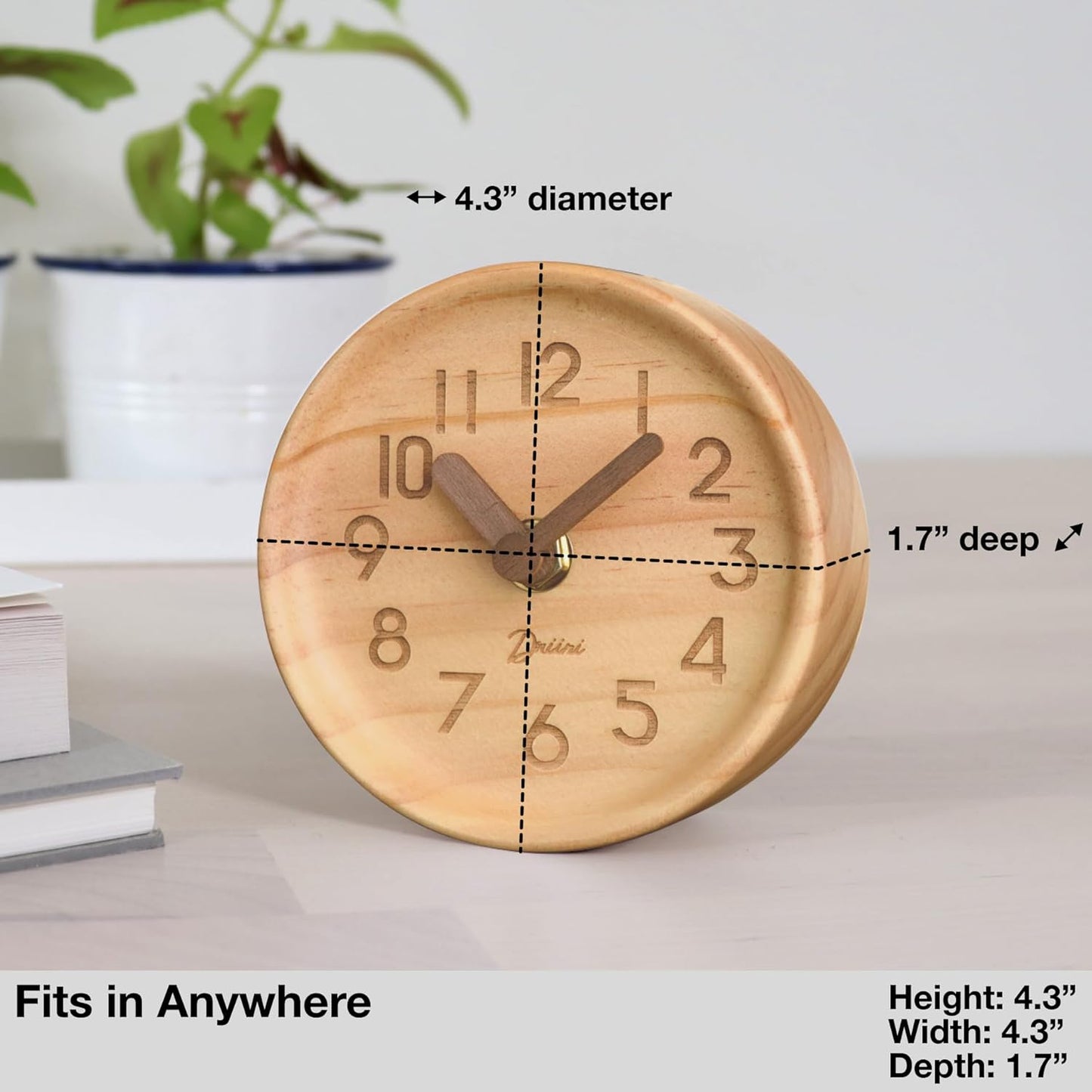Driini Wooden Analog Desktop Clock – 4.3 in. Decorative Pinewood Clock, No-Tick Design – Easy to Read Silent Sweep Mantle Clock – Quiet Tabletop Clocks with Wood Body, Hands, & Battery Cover; White