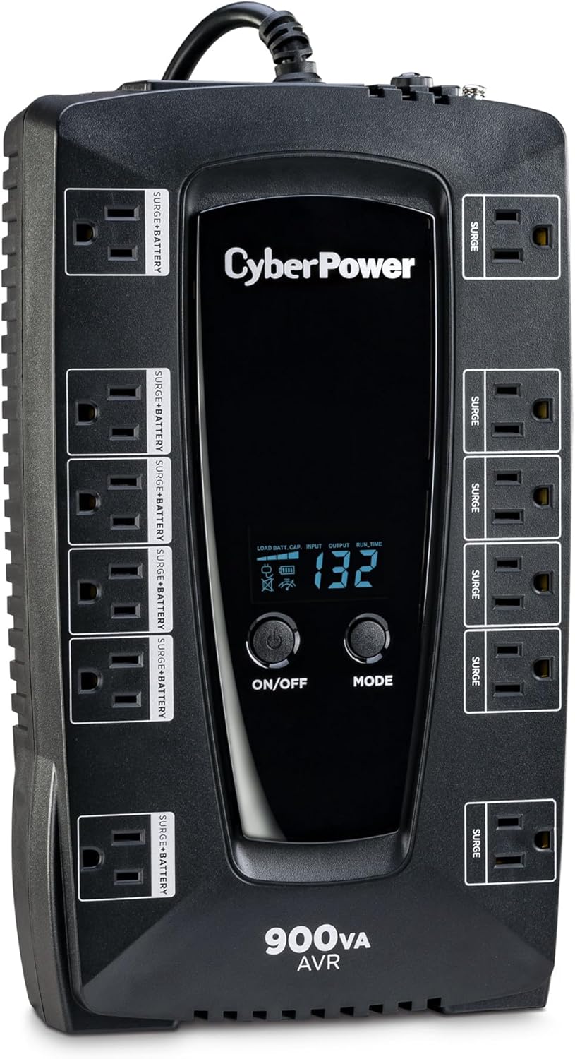 CyberPower AVRG900LCD Intelligent LCD UPS System, 900VA/480W, 12 Outlets, AVR, Compact