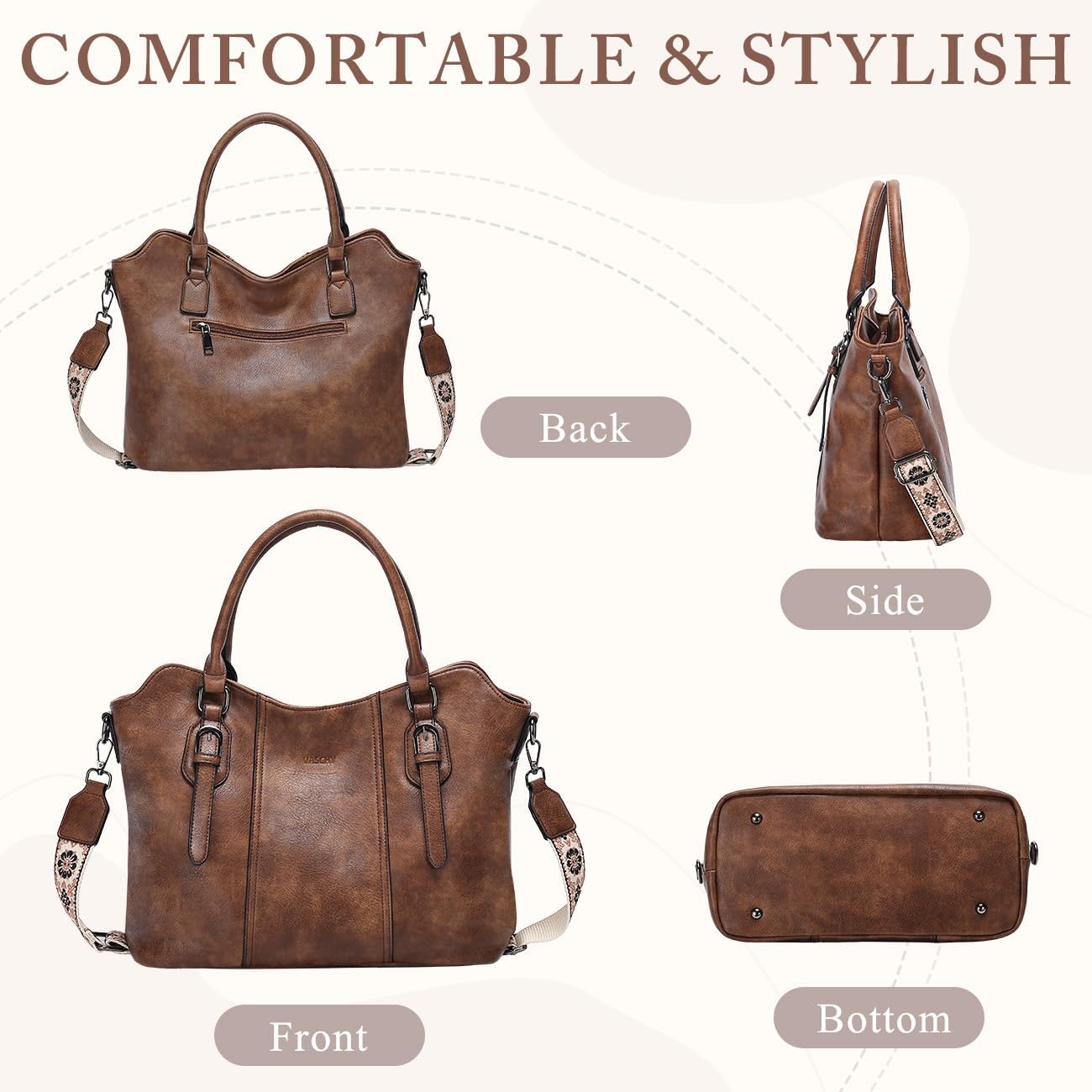 Hobo Bags for Women,VASCHY Vegan Leather Handbag Purse Top Handle Satchel Boho Shoulder Bag with Crossbody Guitar Strap