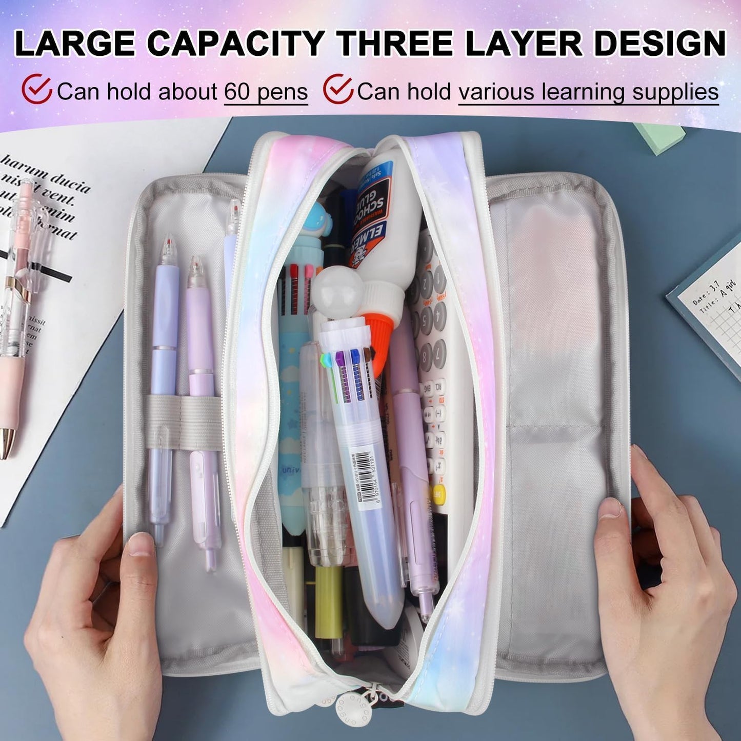 Big Capacity Pencil Case, OLIYuMi 3 Compartment Pencil Pouch Pencil Bag Storage Box Stationery Organizer Makeup Bag with Zipper Closure for Student Office College Boys and Girls (Pink)