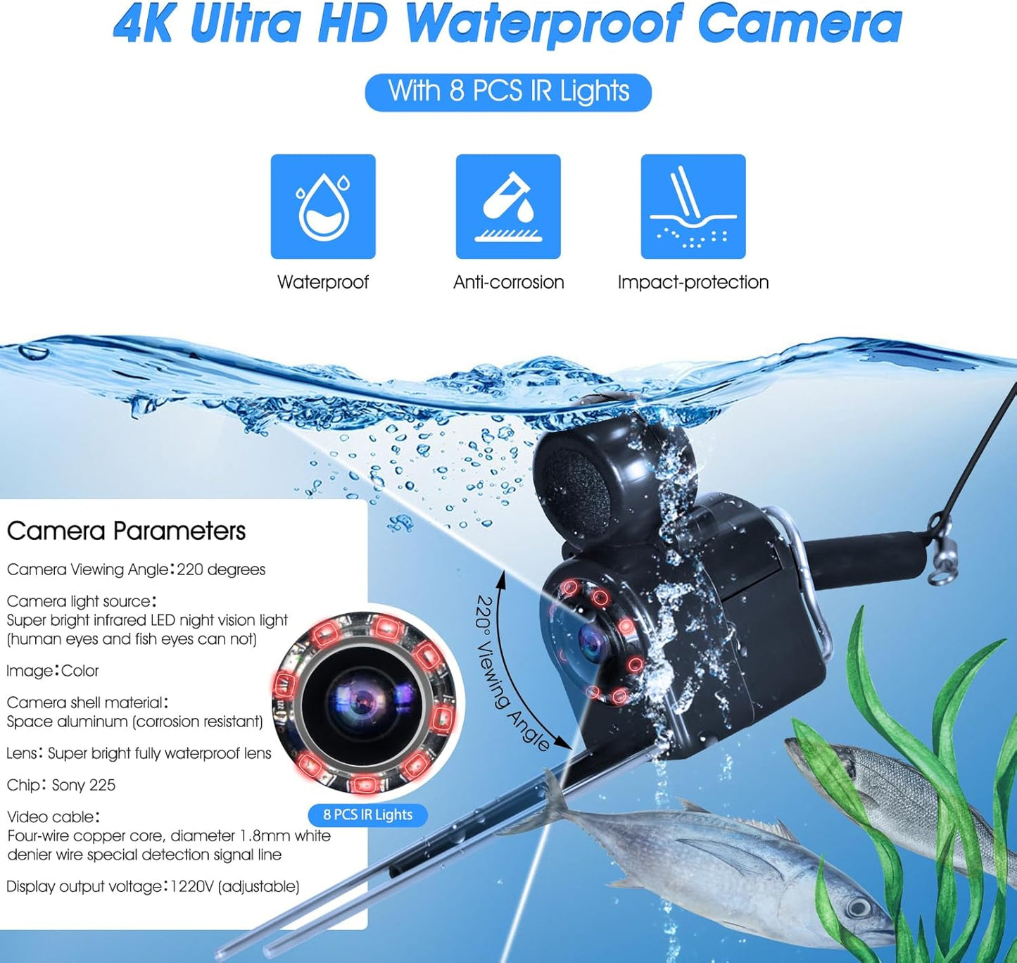 Underwater Fishing Camera Fish Finder, Portable Fish Camera with 5 Inch 4K Display, IR Night Vision, 220° Ultra Wide Angle, Waterproof Fish Depth Finders for Ice Lake Sea Boat Kayak Fishing