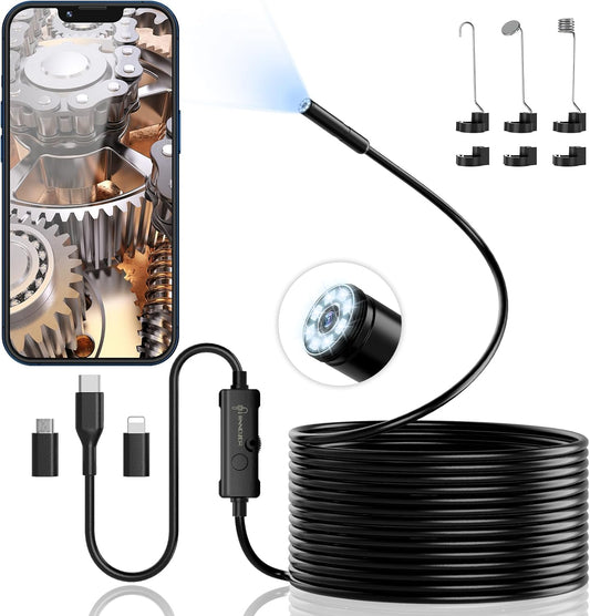 Endoscope Camera with Light, Ennovor 1920P HD, Endoscope Inspection with 8 Adjustable LED Lights, Borescope with Flexible Rigid Snake Camera, IP67 Waterproof and No WiFi Required, for Android iOS