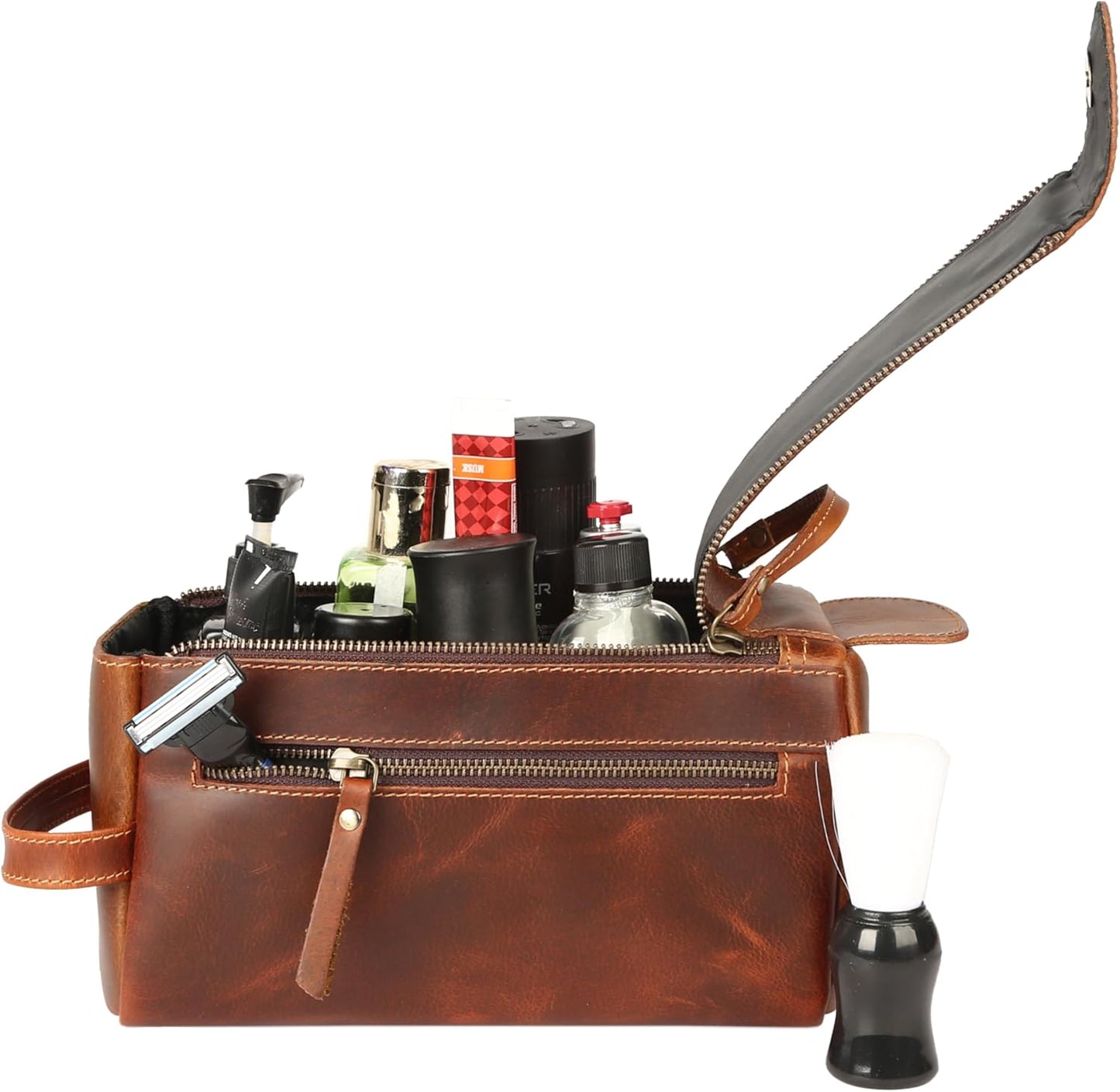 Premium Buffalo Leather Unisex Toiletry Bag Travel Dopp Kit Shaving kit (Distressed Tan)