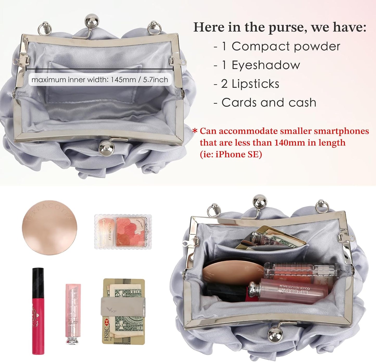 kilofly Missy K 7 Roses Clutch Purse, Satin, with Detachable Strap + kilofly Money Clip