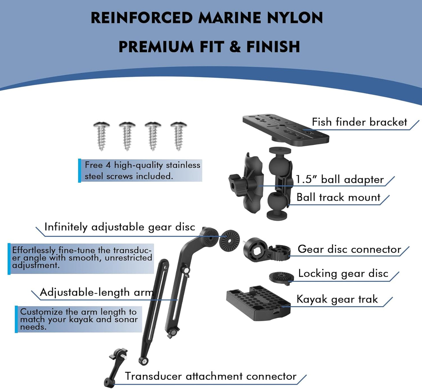 EDSRDPLT Universal Kayak Fish Finder Mount with Transducer Arm Adjustable 9–14” Tool-Free Rail Installation – Fish Finder Bracket for Kayaks, SUPs & Small Boats