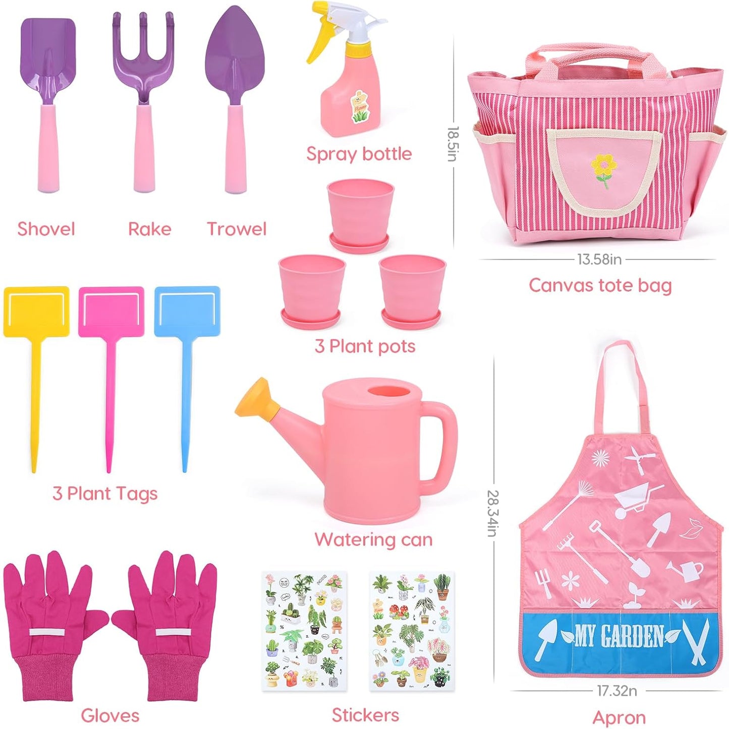 CUTE STONE Pink Kids Gardening Tool Set, Garden Toys W/ Shovel, Rake, Trowel, Apron W/Pockets, Garden Tote Bag, Watering Can, DIY Stickers, Outdoor Backyard Digging Gift Toys for Boys Girls