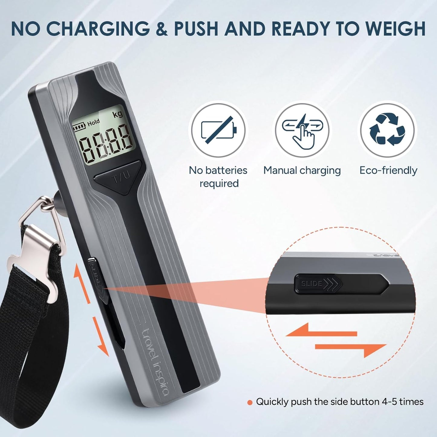 travel inspira Luggage Scale Battery-Free, Travel Essentials, Portable Handheld Digital Suitcase Weight Scale for for Travel Accessories, 110lbs/50kg (Dark Blue)