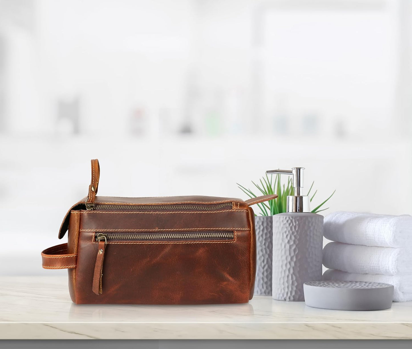 Premium Buffalo Leather Unisex Toiletry Bag Travel Dopp Kit Shaving kit (Distressed Tan)
