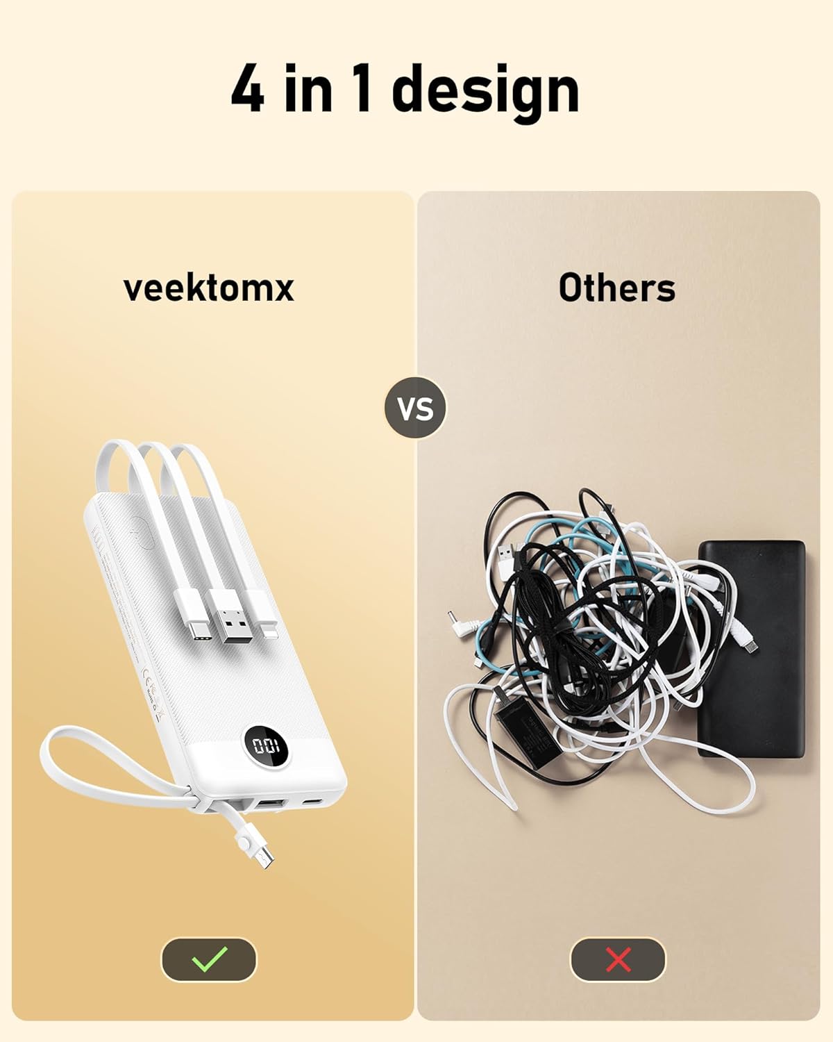 VEEKTOMX Power Bank with Built-in Cables 10000mAh Portable Charger for iPhone Slim Fast Charge USB C Battery Pack Travel Essentials Powerbank Compatible with iPhone, Samsung, Android, etc