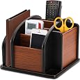 Coideal Large Remote Controls Holder, Rotating Wooden Caddy for Table, Spinning Office Supplies Desk Storage Organizer / Revolving Wood Pen Pencil Holder (6 Compartments, Brown & Black)