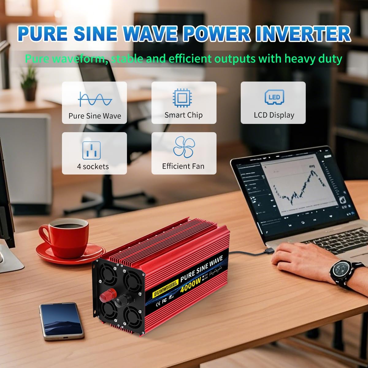 SUNWHEEL 4000W Pure Sine Wave Inverter, 12V DC to 110V/120V AC Power Inverter for RV、Microwave、Off Grid、Truck、Refrigerator、Air Conditioner with 4 AC outlets and LCD Display
