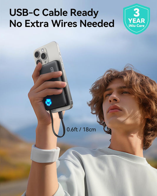 INIU Portable Charger, Small 10000mAh Power Bank with Build in Cable, 20W Fast Charging Powerbank with Cords Wires, Vacation Phone Charger Accessories for College Students Boy Girl, Blue - PuriLite