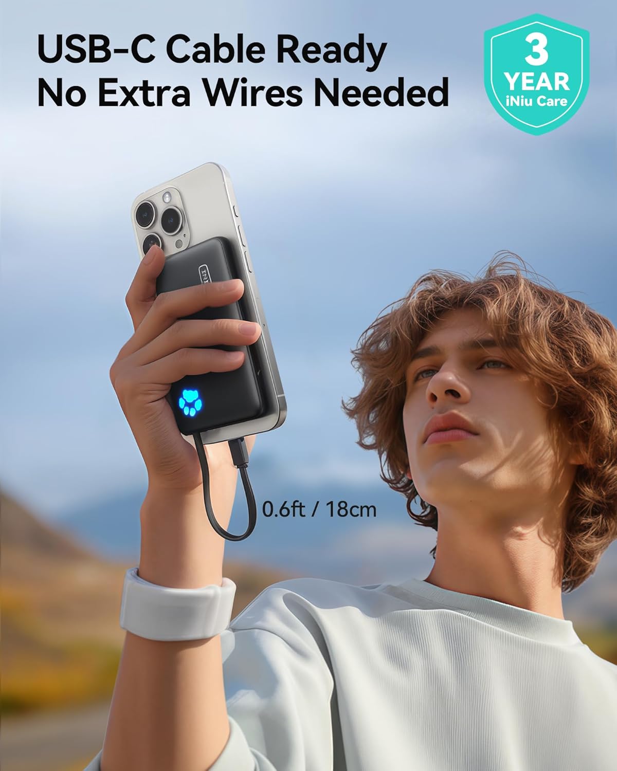 INIU Portable Charger, Slim 10000mAh Power Bank with Build in USB-C Cable, 20W Fast Charging Powerbank with Cords Wires, Travel Essentials Battery Pack for Multi Smartphones Tablets, Yellow