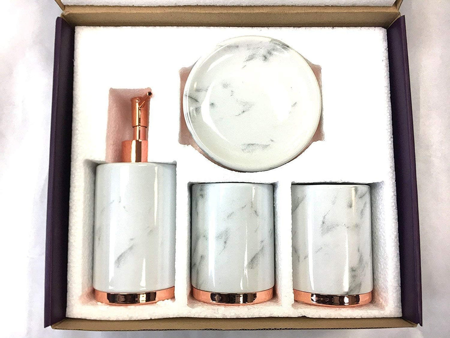 WPM 4 Piece Ceramic Bath Accessory Set | Includes Bathroom Designer Soap or Lotion Dispenser w/Toothbrush Holder, Tumbler, Soap Dish Choose from Purple, Black, Brown, Navy or Burgundy (Brown)